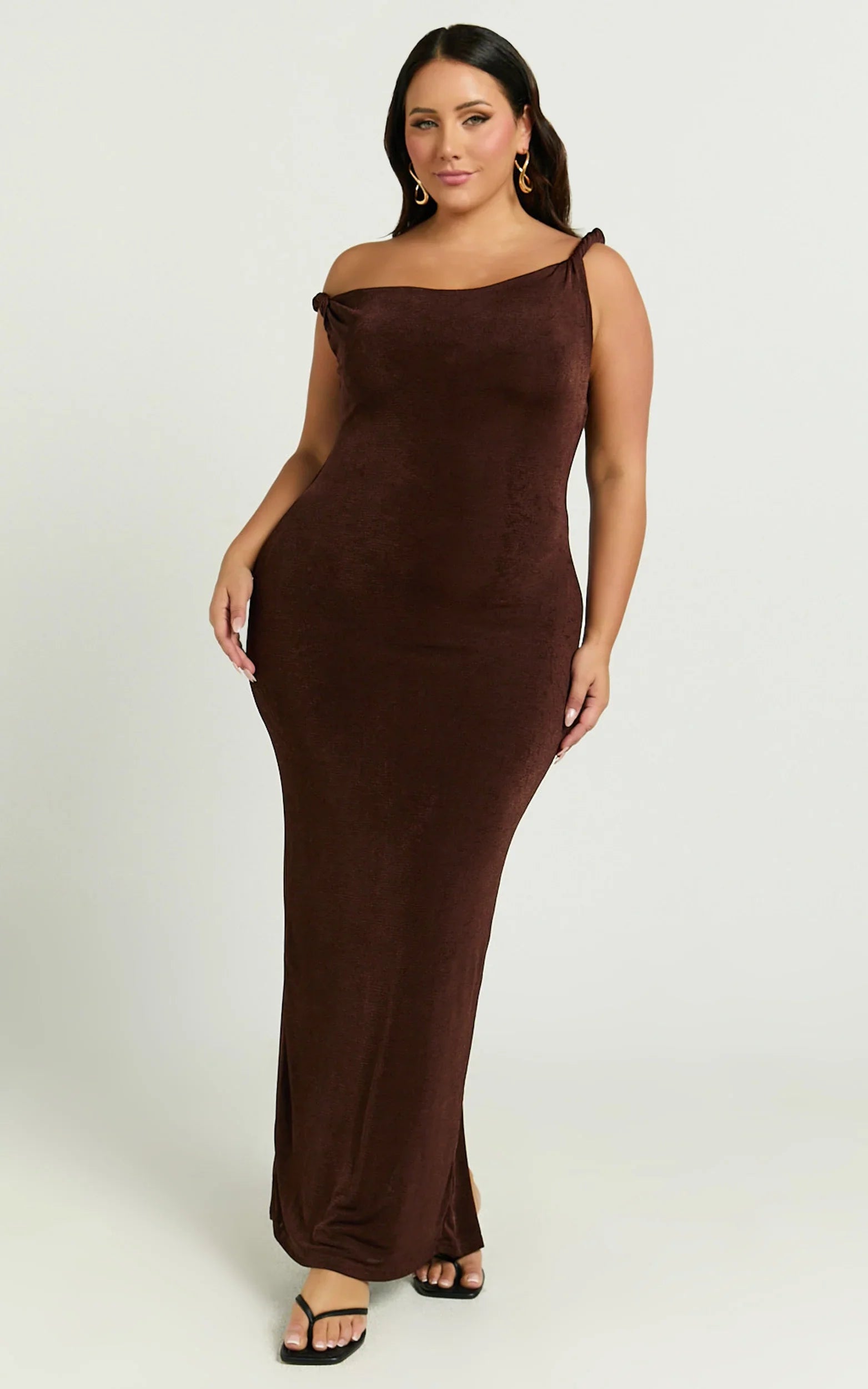 Isabel Midi Dress - Twist Off Shoulder Bodycon Dress in Chocolate