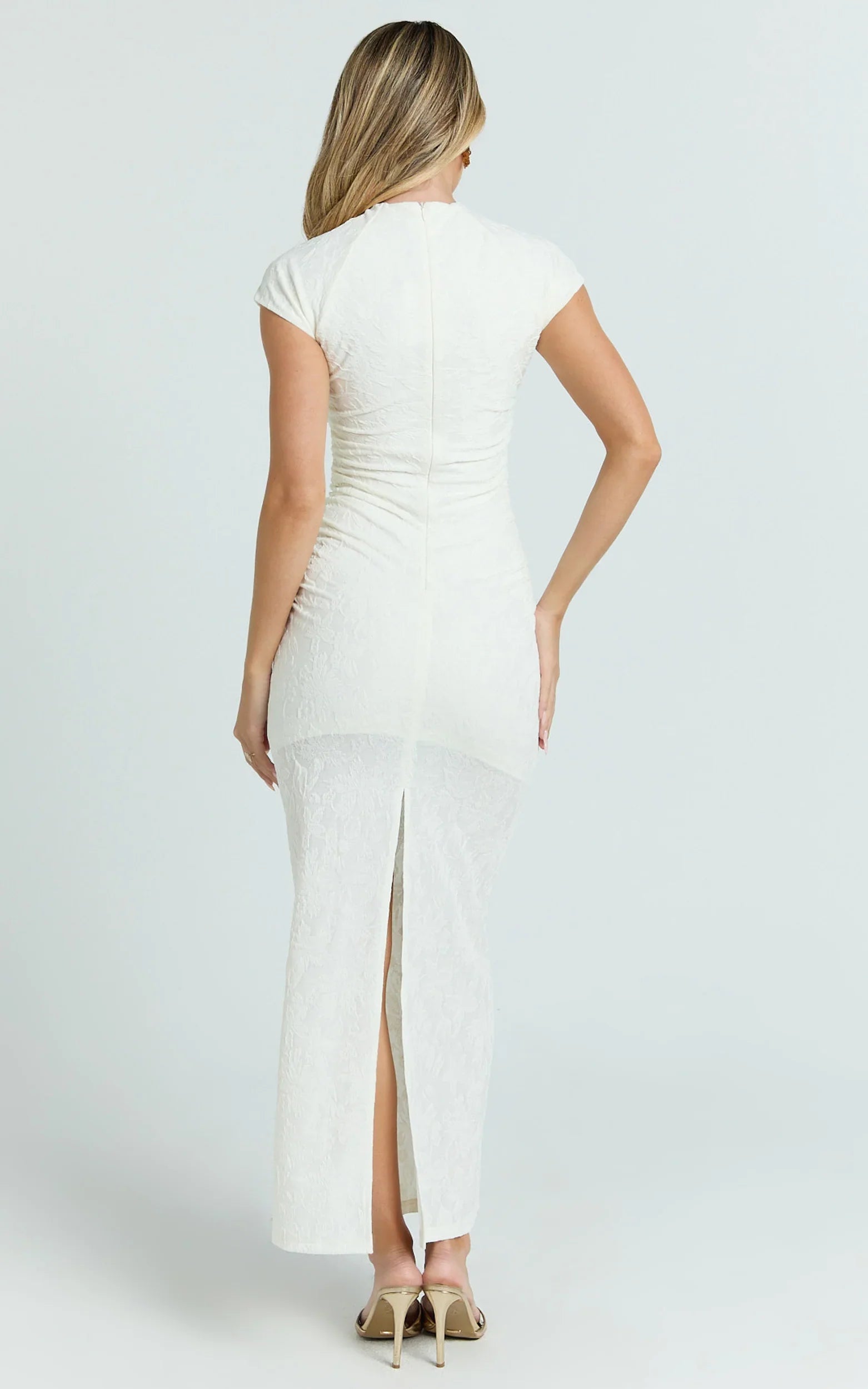 Kayrene Maxi Dress - Short Sleeve Jacquard Dress in Cream