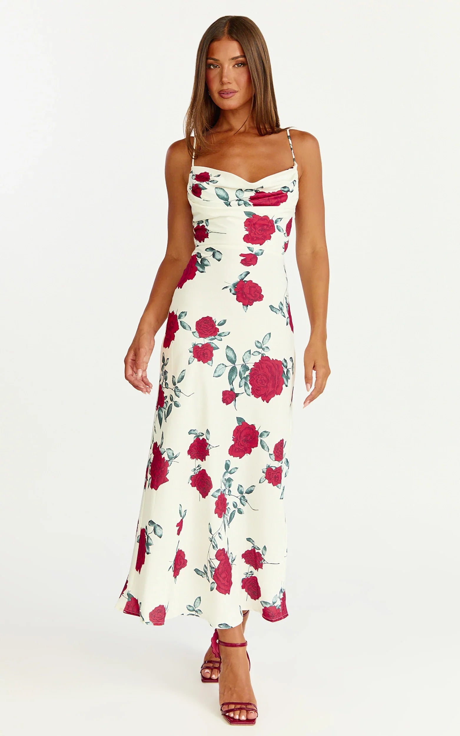 Dahlia Midi Dress - Cowl Neck A Line Dress in Scarlet Rose Print