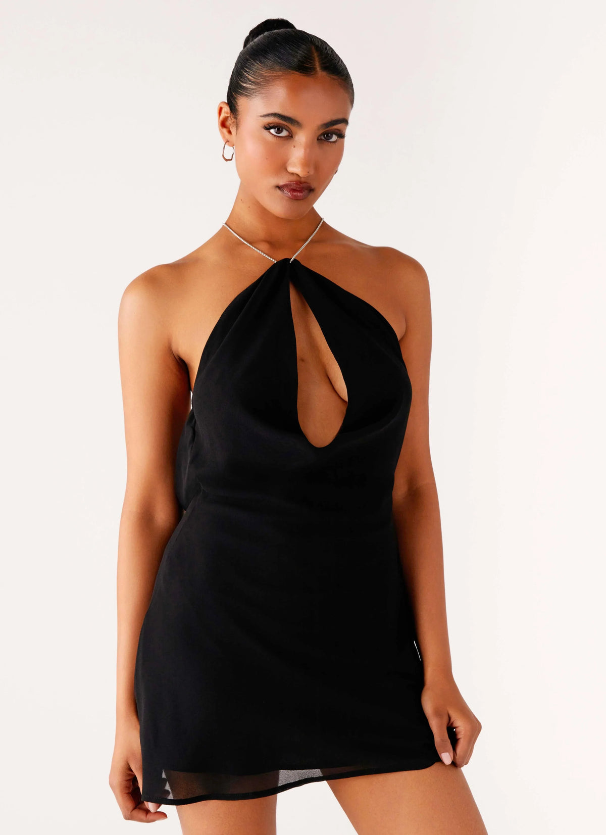 Key Hole Cowl Neckline Mini Dress - Black