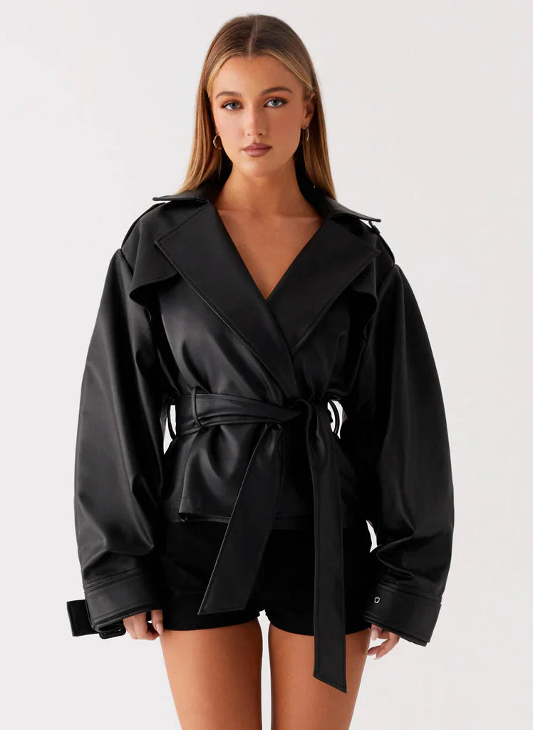Midtown Faux Leather Trench - Black