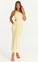 Mandy Midi Dress - Knot Detail Cut Out Mesh Dress in Lemon