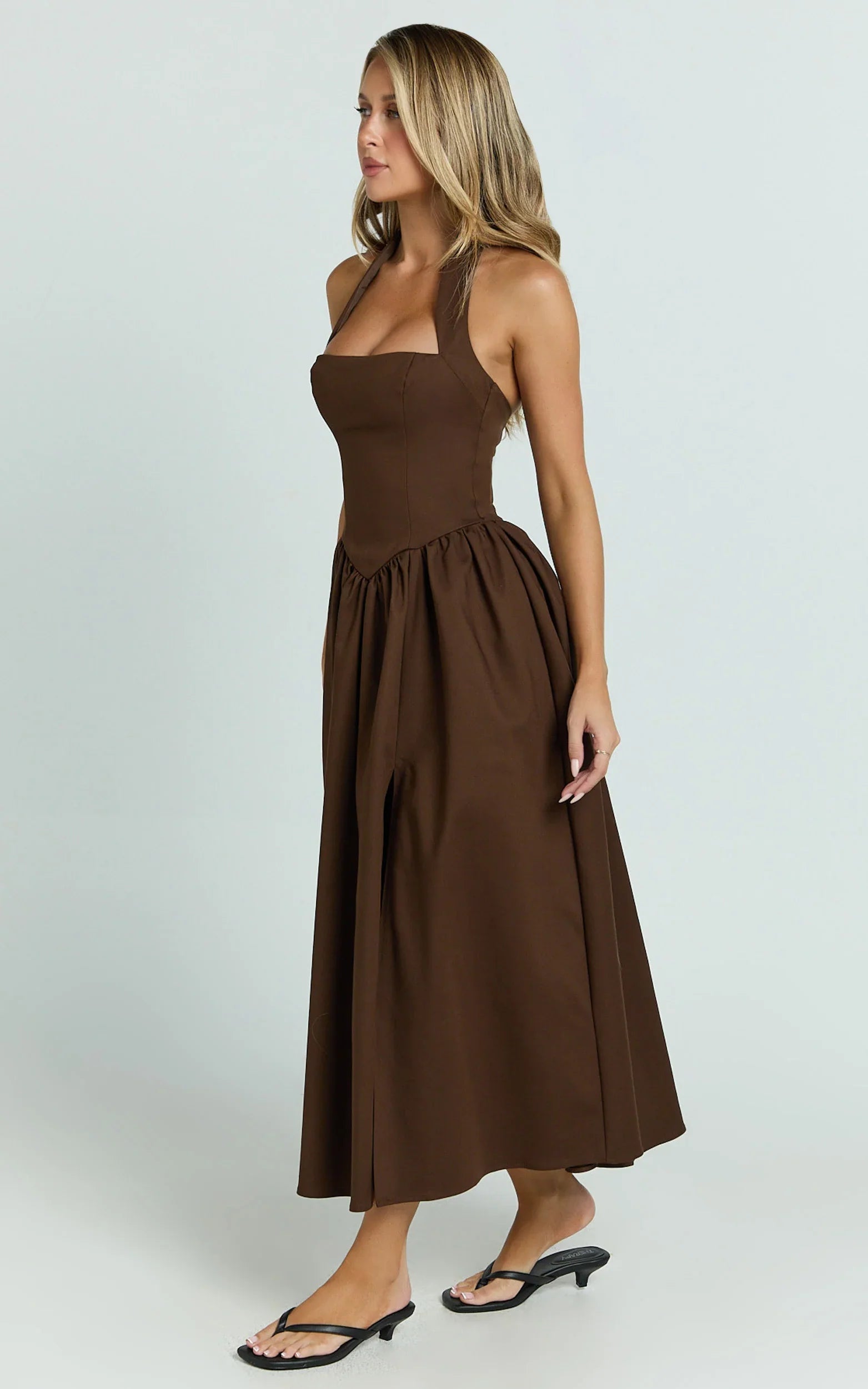 Helda Midi Dress - Halter Tie Neck Corset Panel Dress in Chocolate